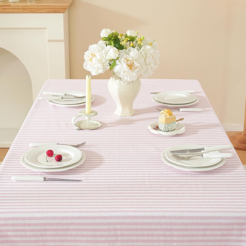 Striped Square Tablecloth, Cotton Blend Fabric Pink Table Cloth with Tassel, gallery