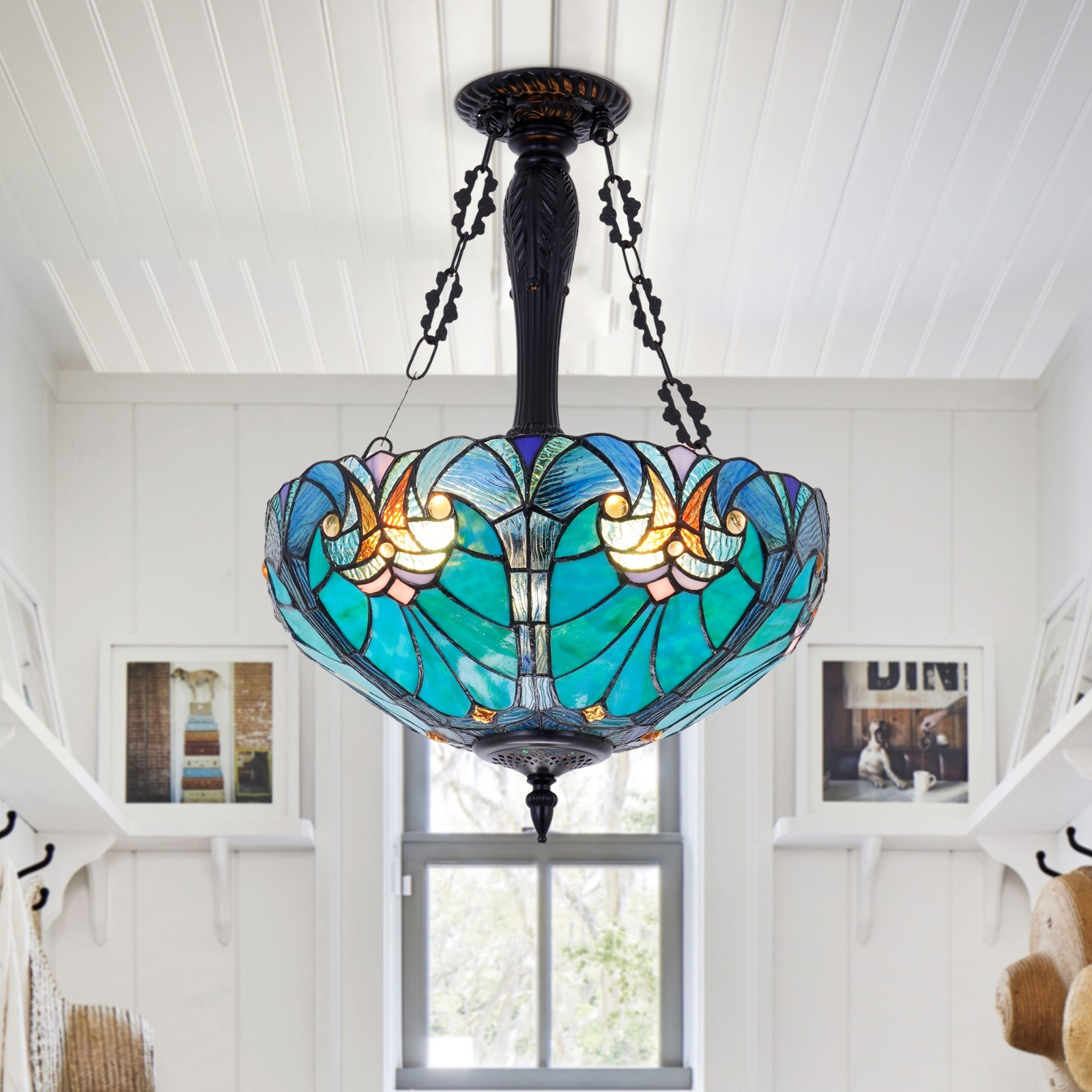 16'' 3-Light Tiffany Pendant Light Fixture Stained GlasChandelier Hanging Lamp gallery