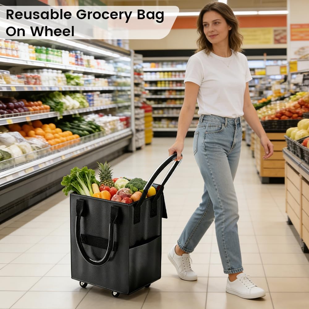 Rolling Tote Bag on 4 Wheels, Reusable Grocery Bag with Handle and Zipper, 60... gallery