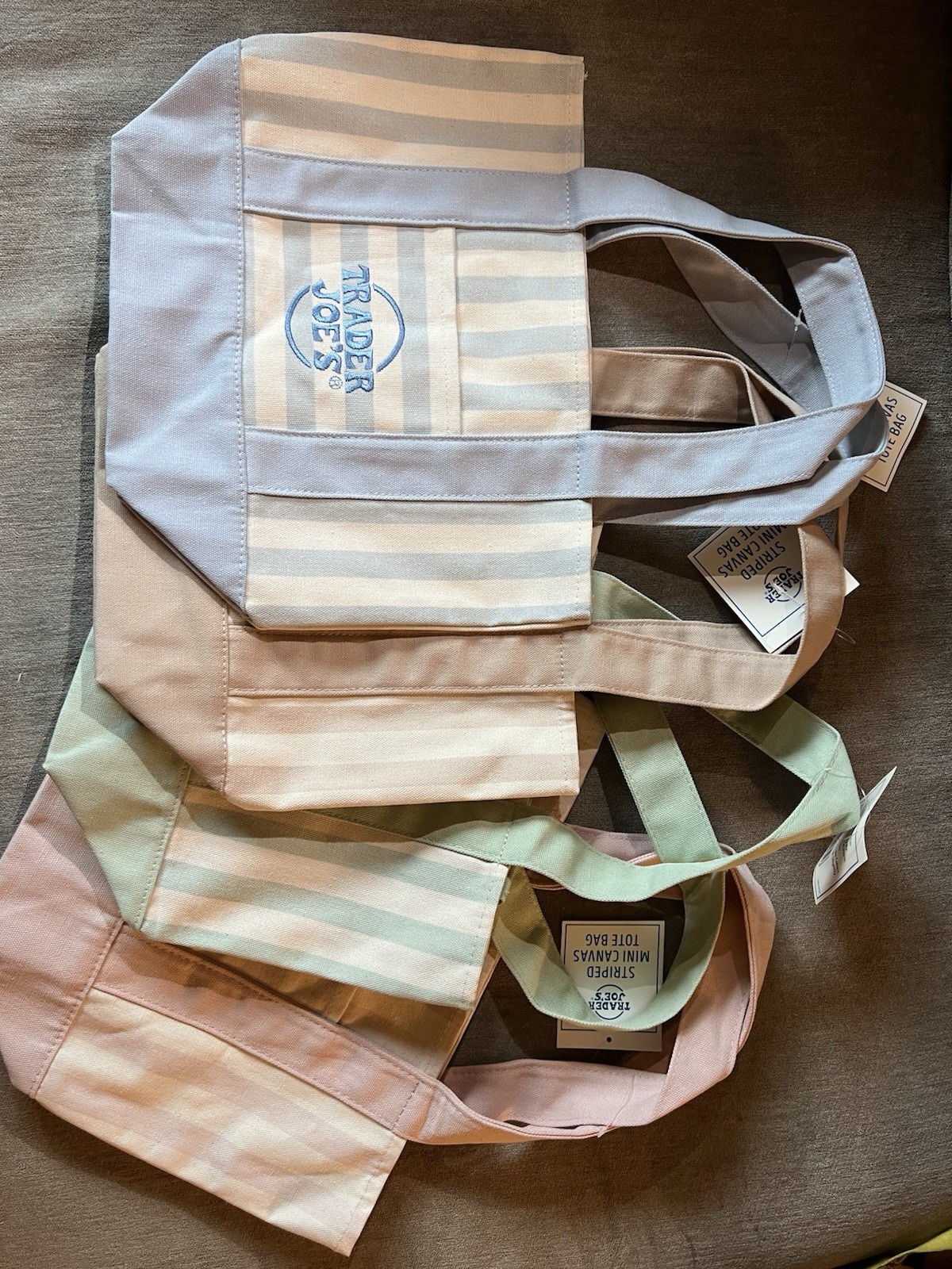 BRAND NEW with TAGS - Trader Joe’s - Striped Mini Canvas Tote Bag - Set of 4 gallery