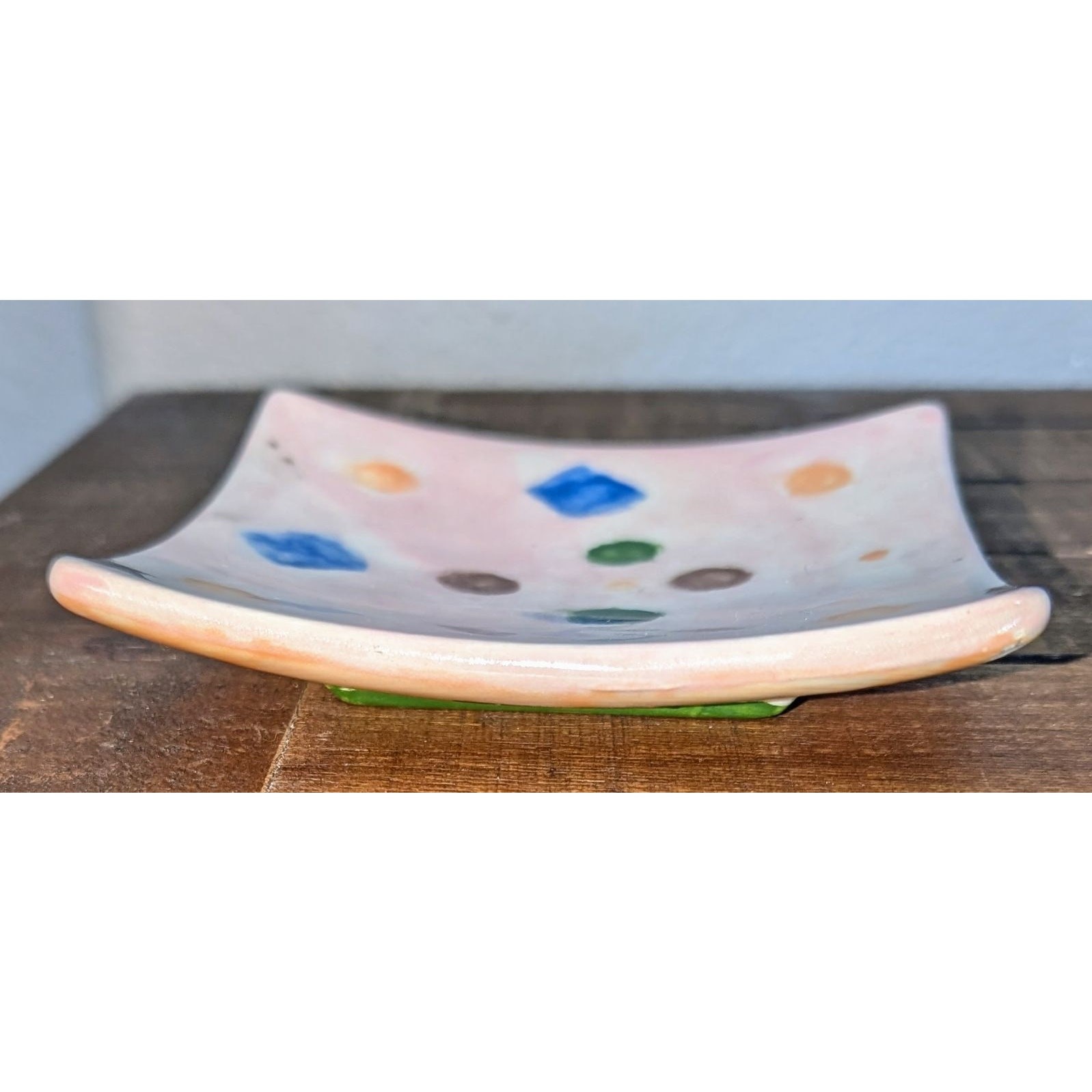 Handmade Small Square Plate Trinket Dish Jewelry Tray Pink Polka Dot 4.5 inches gallery