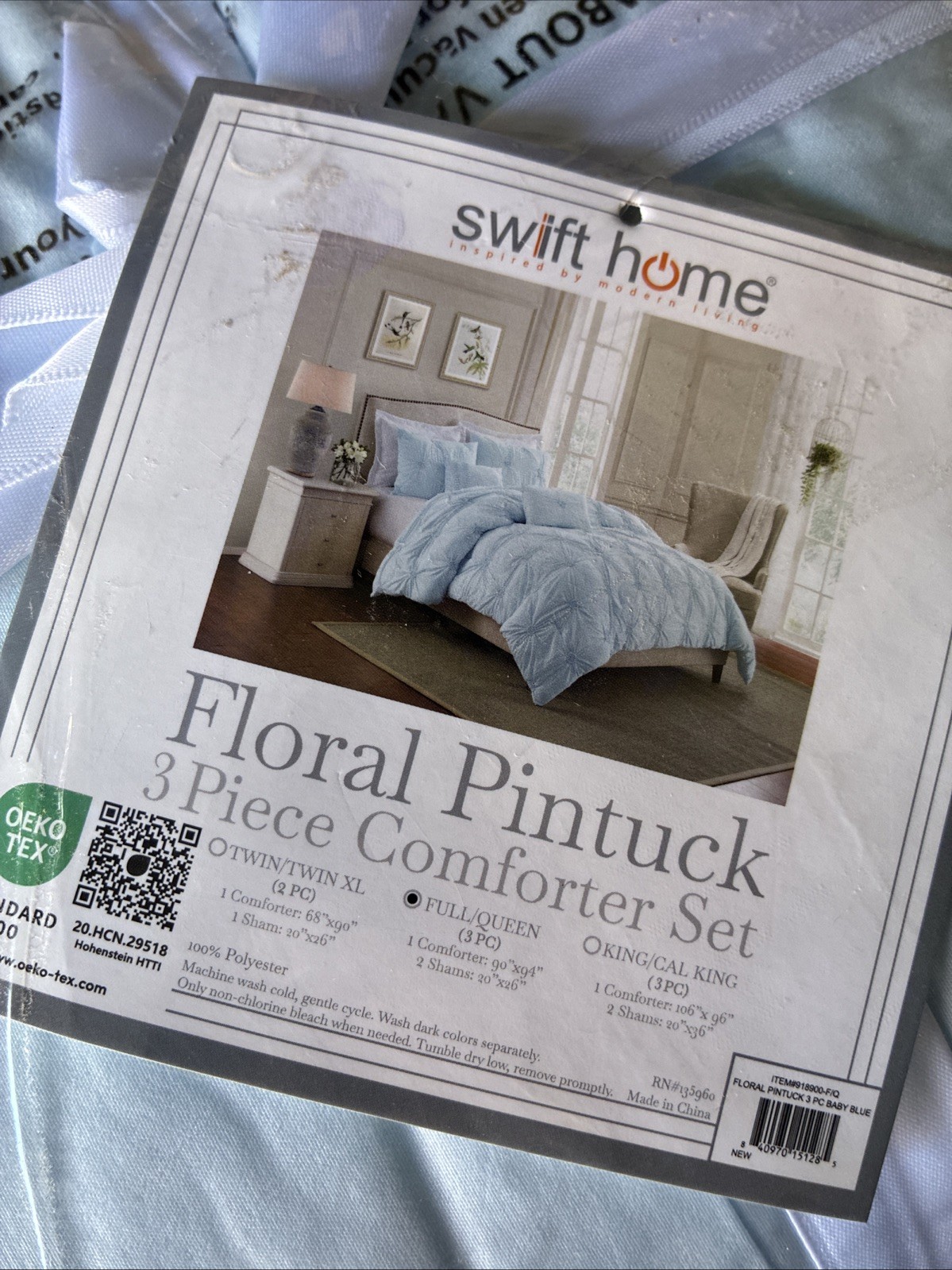 SWIFT HOME FULL/ QUEEN FLORAL PINTUCK BABY BLUE COMFORTER SET gallery