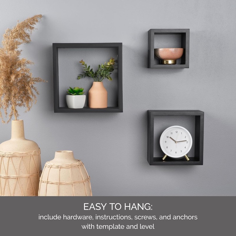 Floating Wall Square Cube Shelves for Bedroom,Living Room,Bathroom,Set of 3Black gallery
