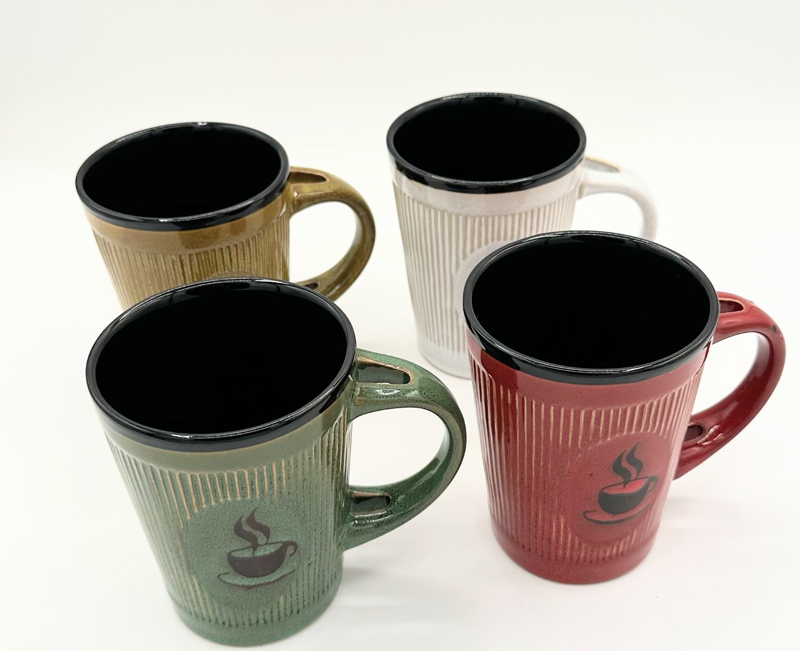 Striped Coffee Mugs, Green, Red, Tan, White. with Spoon Holder gallery