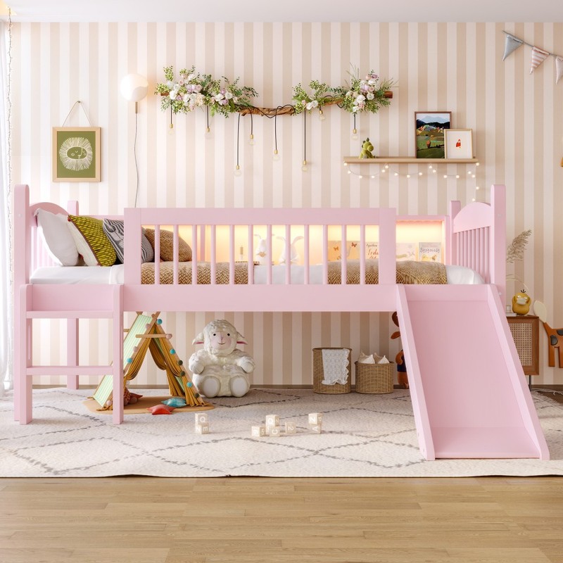 Twin XL Solid Wood Lower Loft Bed with LED Lights and Full-length Guardrails gallery