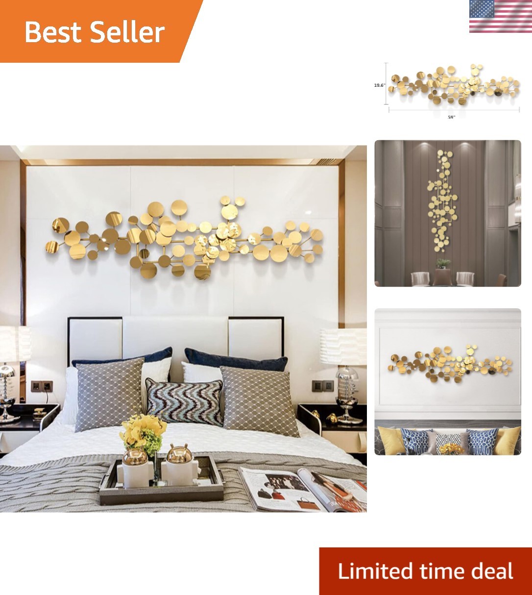 Modern Gold Metal Wall Decor - 59''x20'' 3D Geometric Sculpture for Living Areas gallery