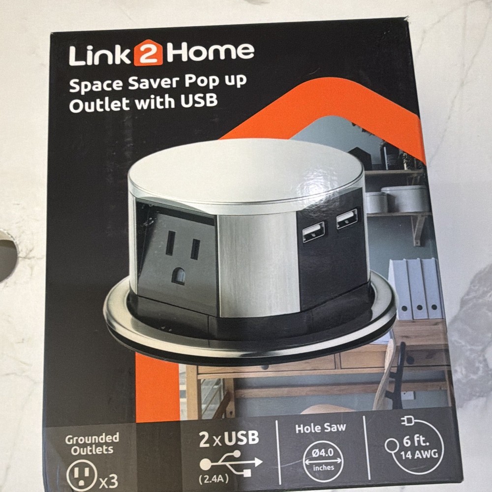 Link2Home Pop Up Outlet, 3 Outlets, 2 USB Ports, Splash Proof, EM-PU-100E