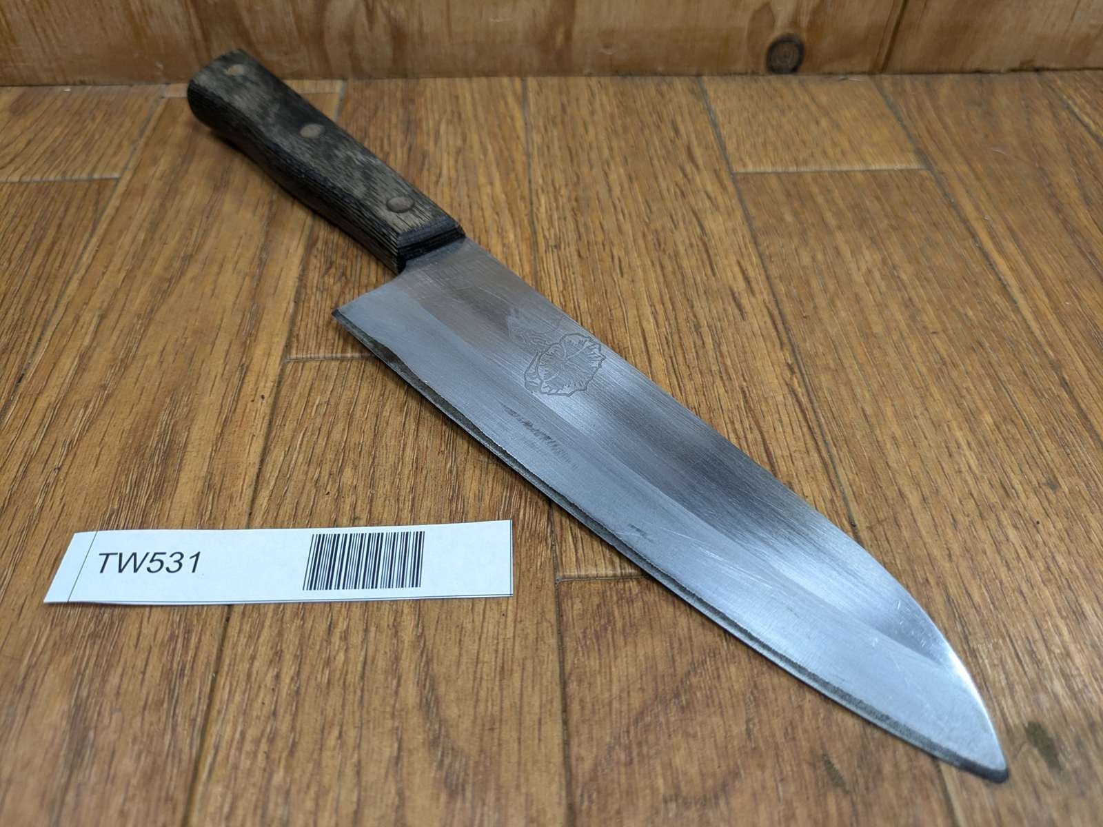 DAMAGED Japanese Chef's Kitchen Knife SANTOKU Vintage HIROTOMO 162/280mm TW531 gallery