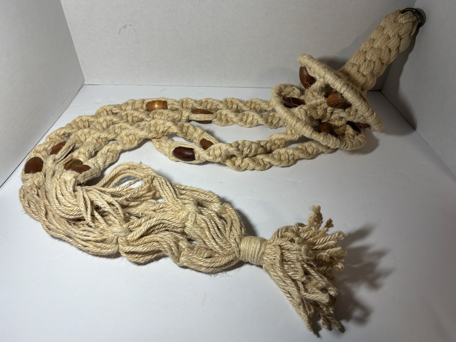 Vintage Retro Boho Macramé Plant Hanger Wood Beads 39” gallery