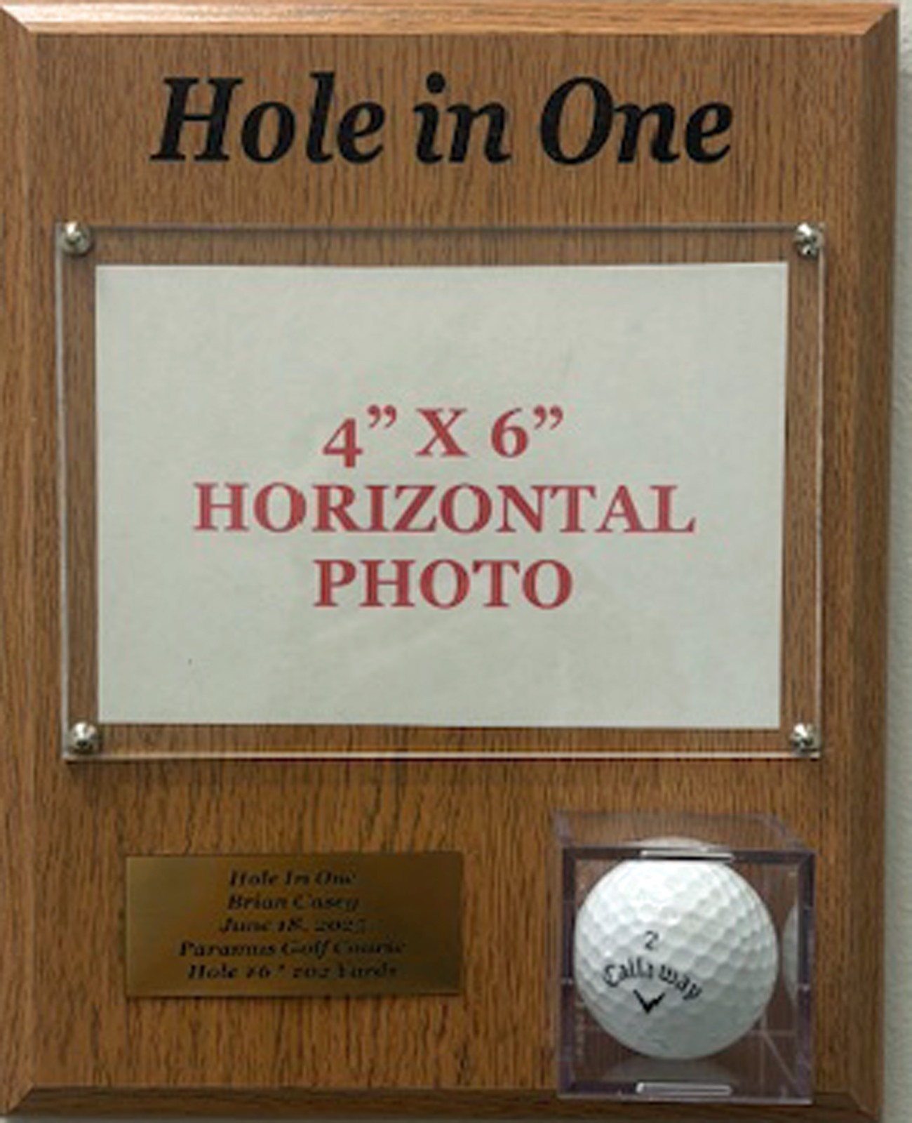 Personalized Golf Hole In One Display w your 4x6 photo ball & engraved nameplate gallery