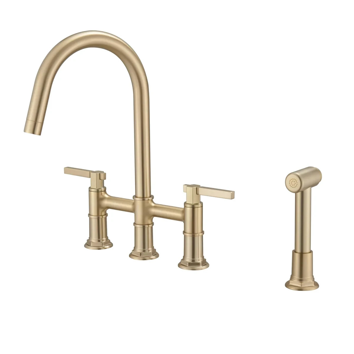 BWE Brushed Gold Bridge Kitchen Faucet with Side Sprayer Solid Brass 4-Hole.- gallery