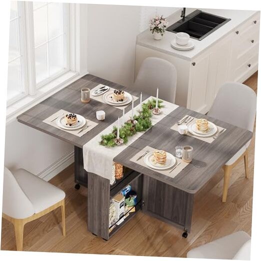 Folding Dining Table with Storage, Folding Kitchen Table with 6 Wheels, Grey