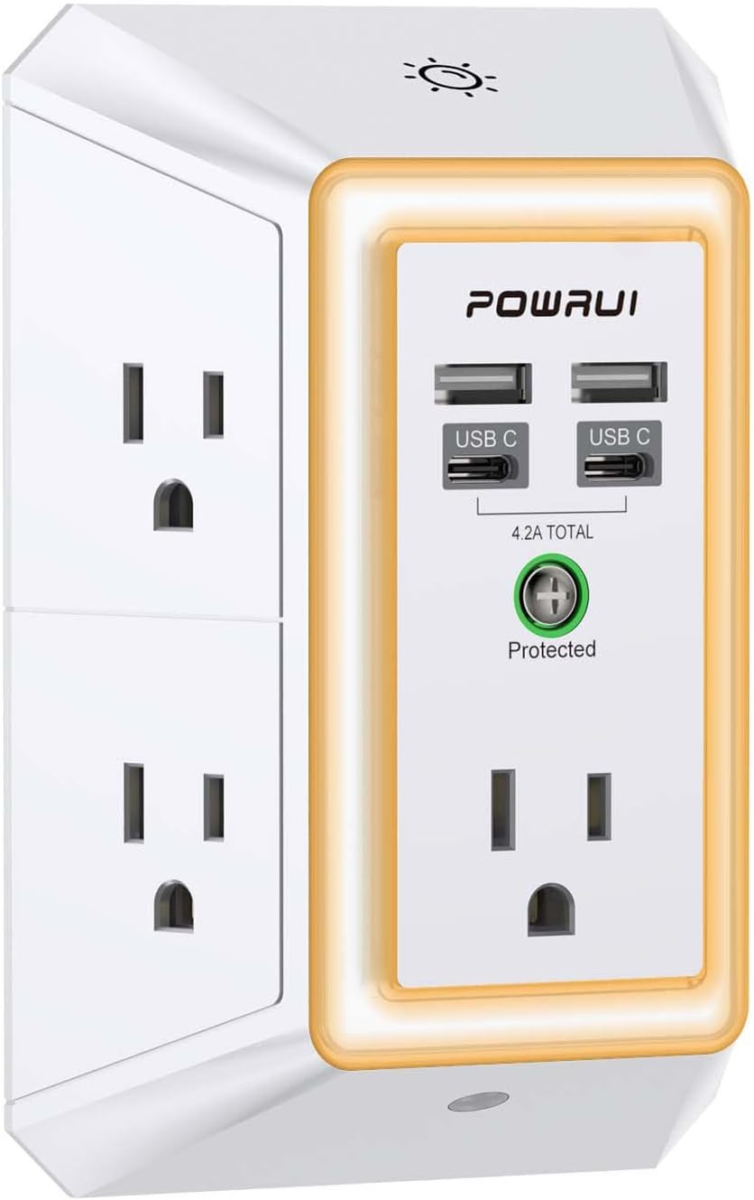 Wall Outlet Extender Surge Protector 6 AC 3 USB C Night Light 1680J Charger gallery