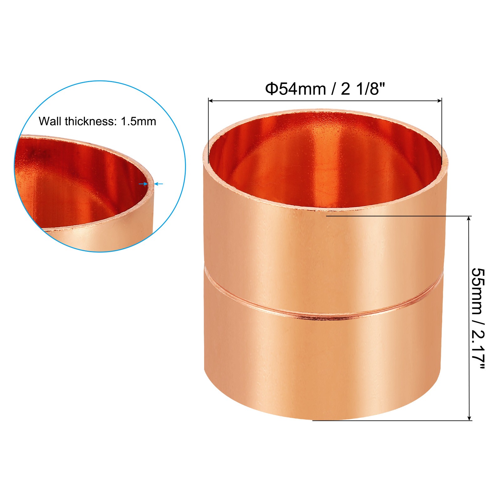 2-1/8" ID Copper Coupling Fittings Rolled Tube Stop Straight Pipe Welding Joint gallery