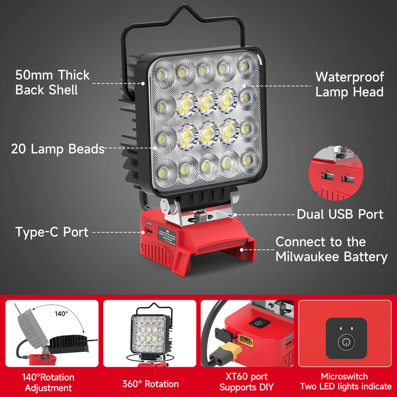 60W LED Work Light Compatible with Milwaukee 18V Battery,6000LM,USB Type-C gallery