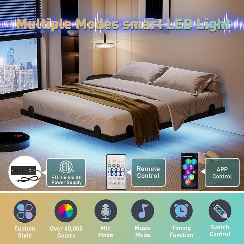 LED Bed Frame W/ Charging Station & Metal Support Squeak Resistant Design New gallery