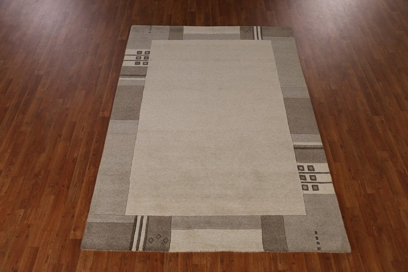 Bordered Artisan-crafted Beige Gabbeh Rug Wool Hand-tufted Carpet 5x8 ft gallery