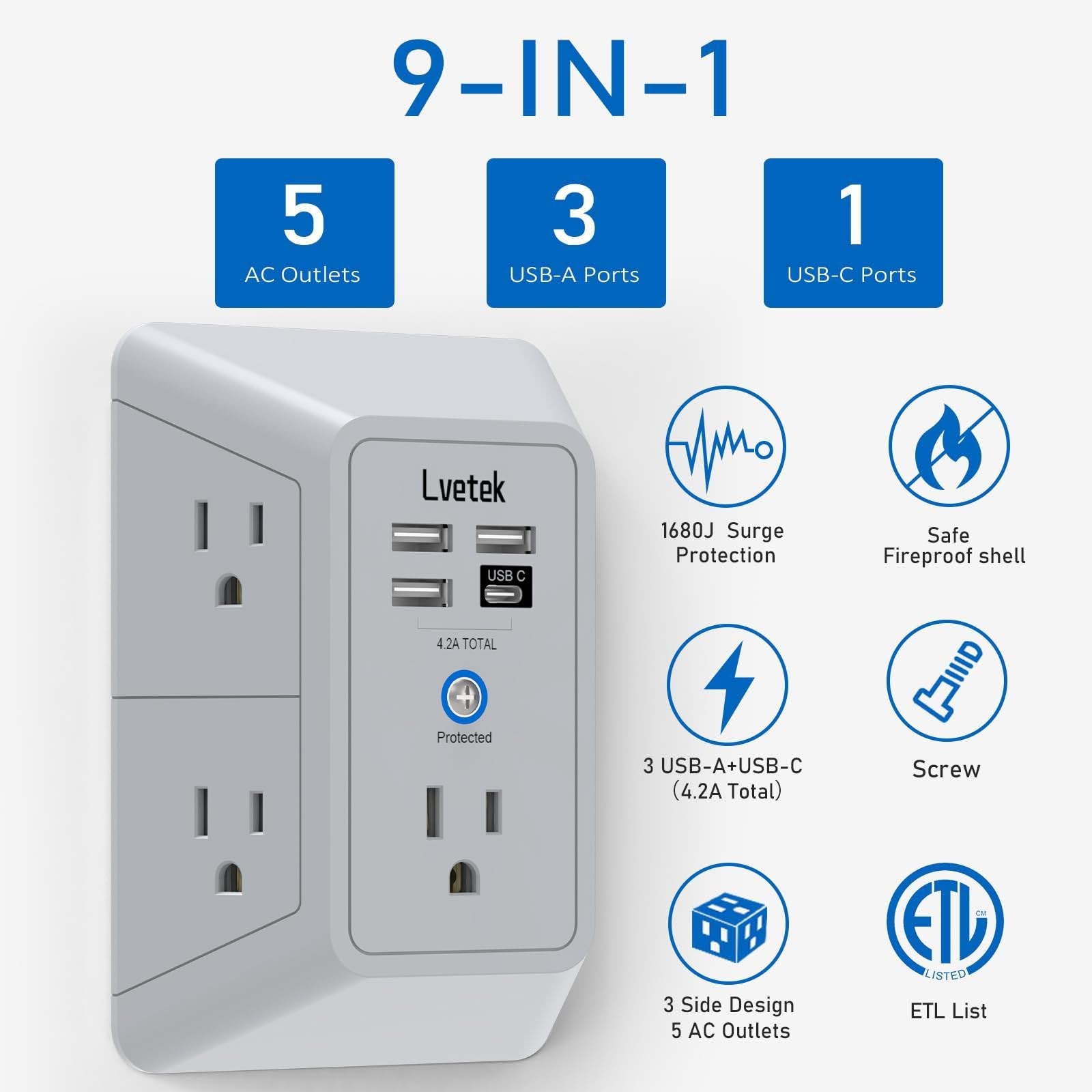 Surge Protector Power Strip with 5 Outlets & 4 USB Ports, 1680J Wall Charger, Gr gallery