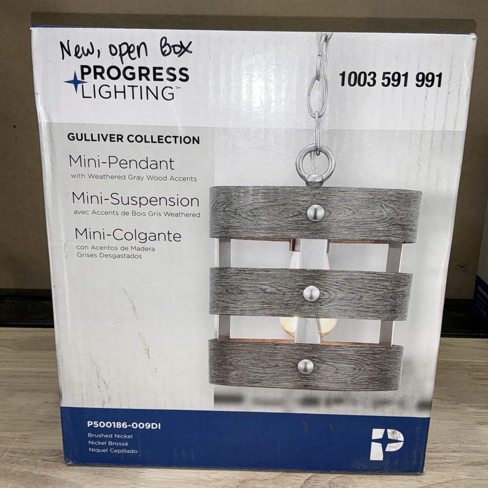 Progress Lighting Gulliver 1Light Brushed Nickel Pendant Weathered Gray Wood