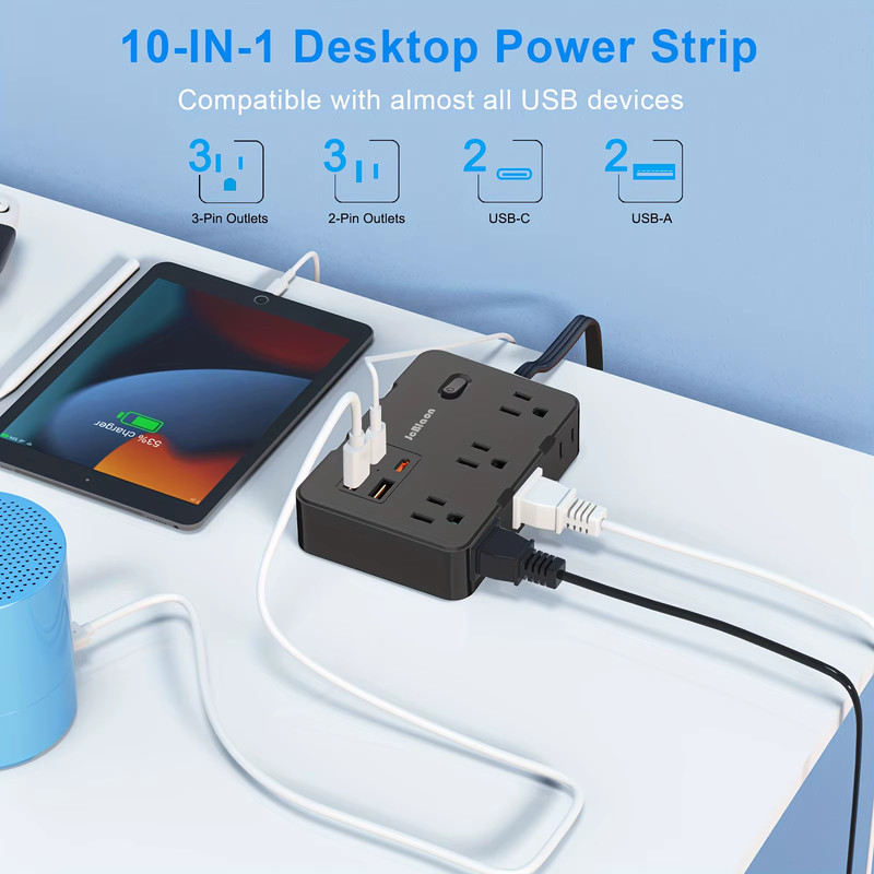 Ultra Thin Flat Plug Extension Cord with 4 USB Ports(2 USB C), 5Ft Surge Protect gallery