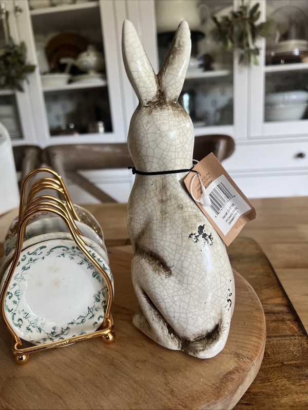 Creative Co Op Distressed Ceramic Bunny Cream Crackel Finish Farmhouse 8in gallery