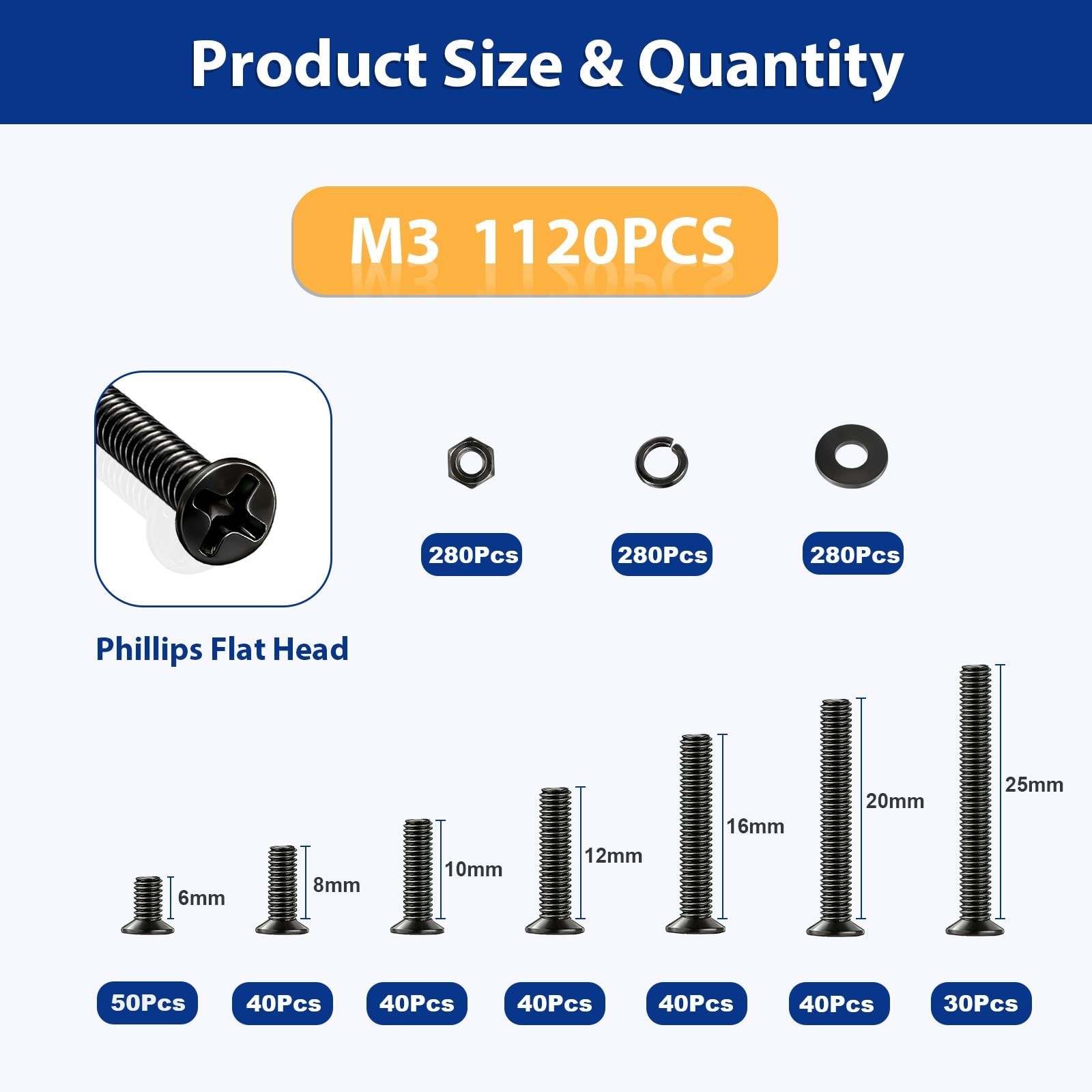 1120Pcs M3 Countersunk Screws Kit, M3 Flat Head Screws, Phillips Bolts Nuts W... gallery
