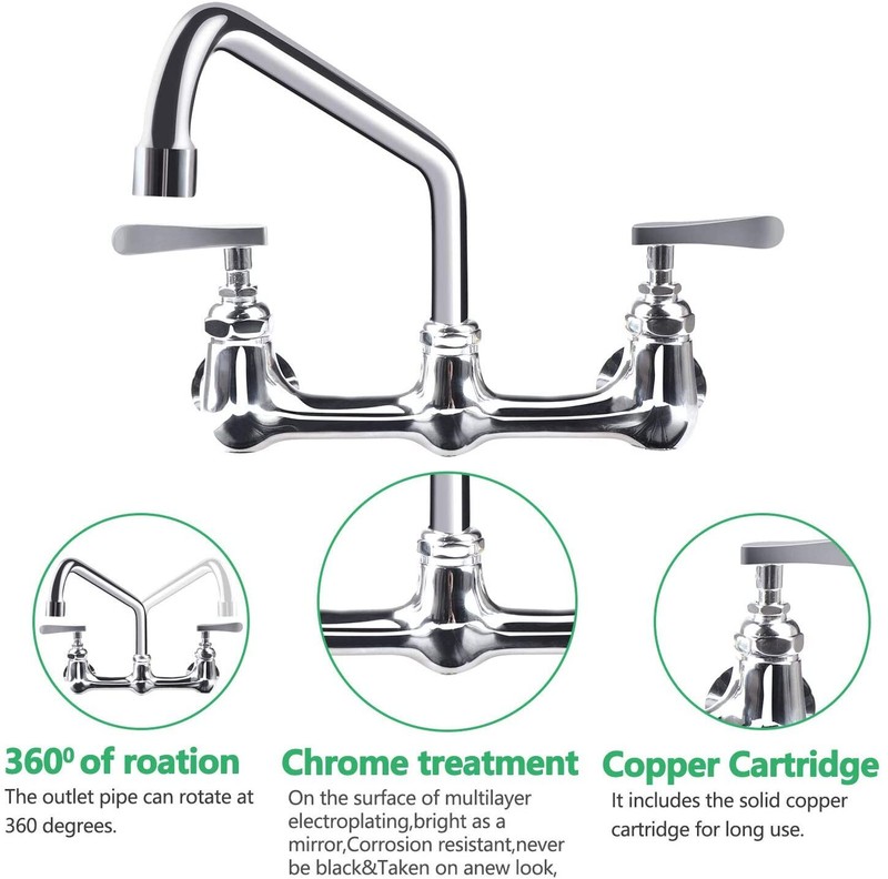 Wall Mount Commercial Kitchen Faucet Sink 8 In Center Tap 12 In Swivel Spout gallery