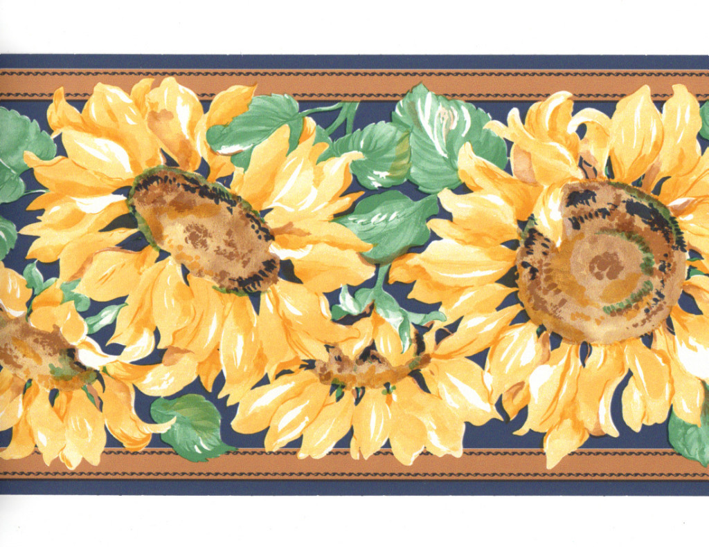 Country Kitchen Sunflower Navy Blue Tan Flower Floral Stitch Wall paper Border gallery
