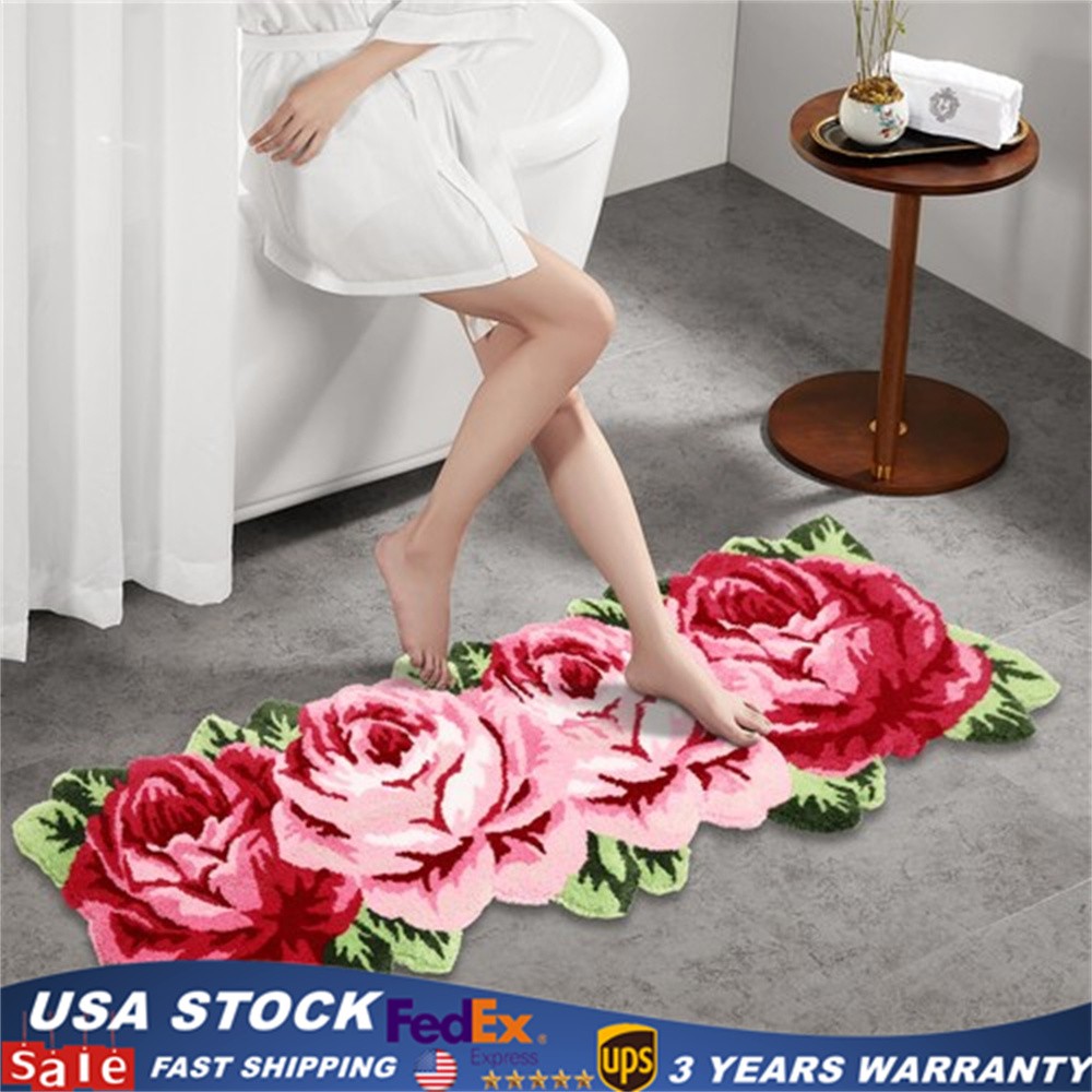 Flower Rug Mat 4-Roses Polyester and Tpr Pink and Green-Unique Style Mat USA. gallery