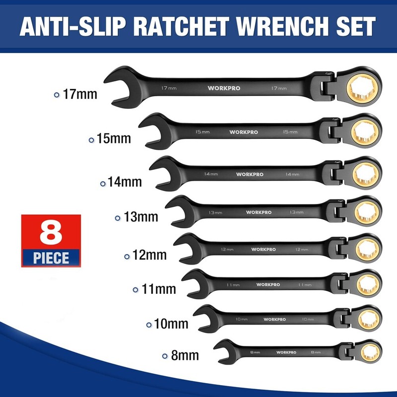 WORKPRO 8PC Flex Head Ratcheting Wrench Set Metric 8-17mm Anti-slip Set 72-Teeth gallery