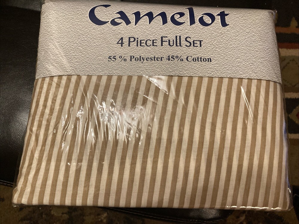 NWT Camelot 4 PCs Bedding Full Sheet Set Beige/Cream Stripes Poly/Cotton Blend