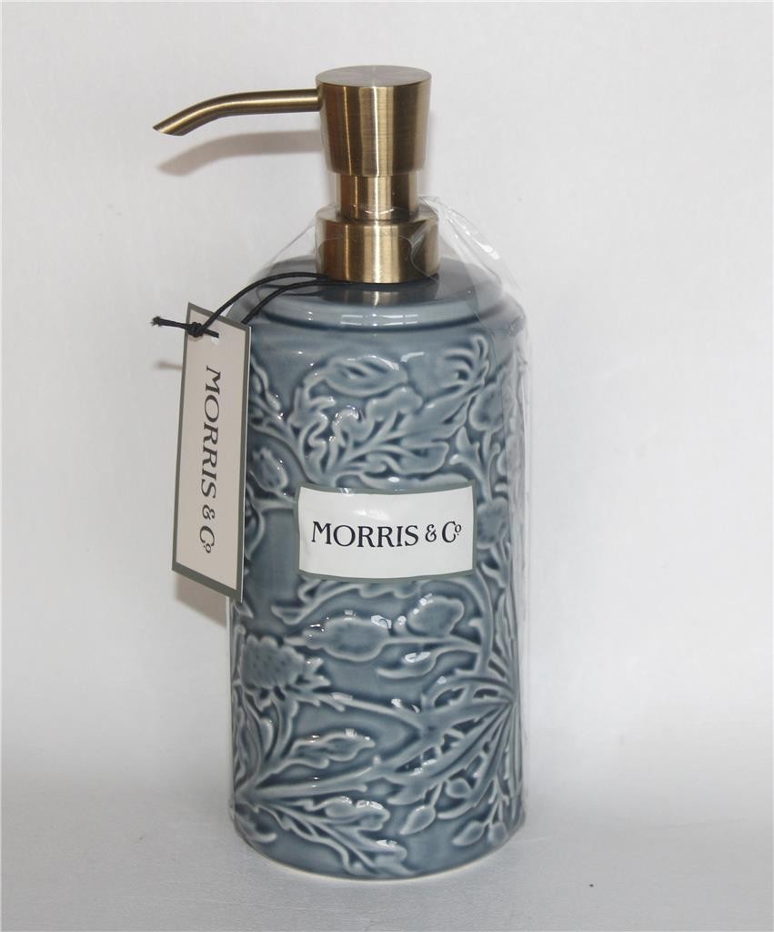 LRG MORRIS & CO. Antique Gold Top Slate Blue Embossed Floral Soap Dispenser NWT gallery