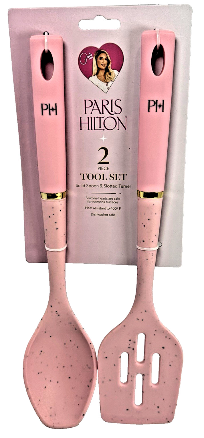 Paris Hilton 2 Piece Kitchen Tool Set Pink Silicone Spoon & Slotted Turner New gallery