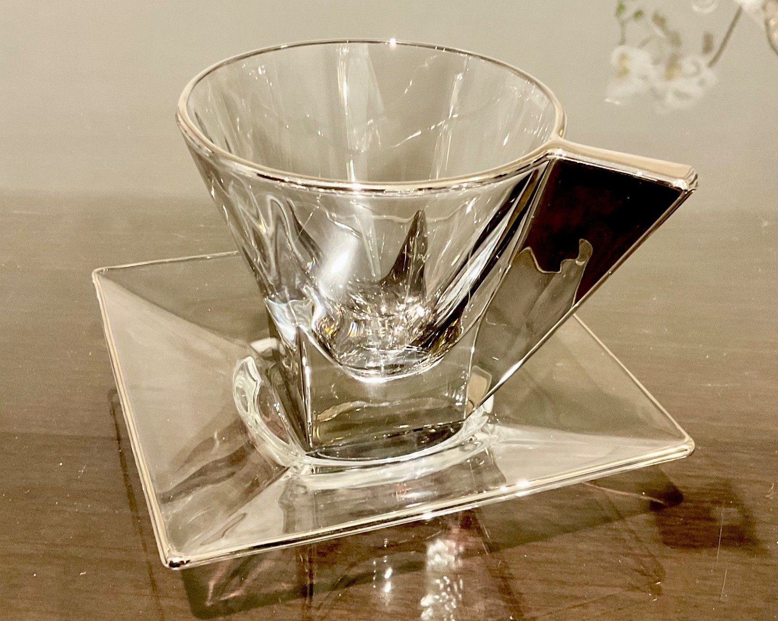 European Crystal Espresso Cup & Square Saucer w/ Chrome Handle — New/Display gallery