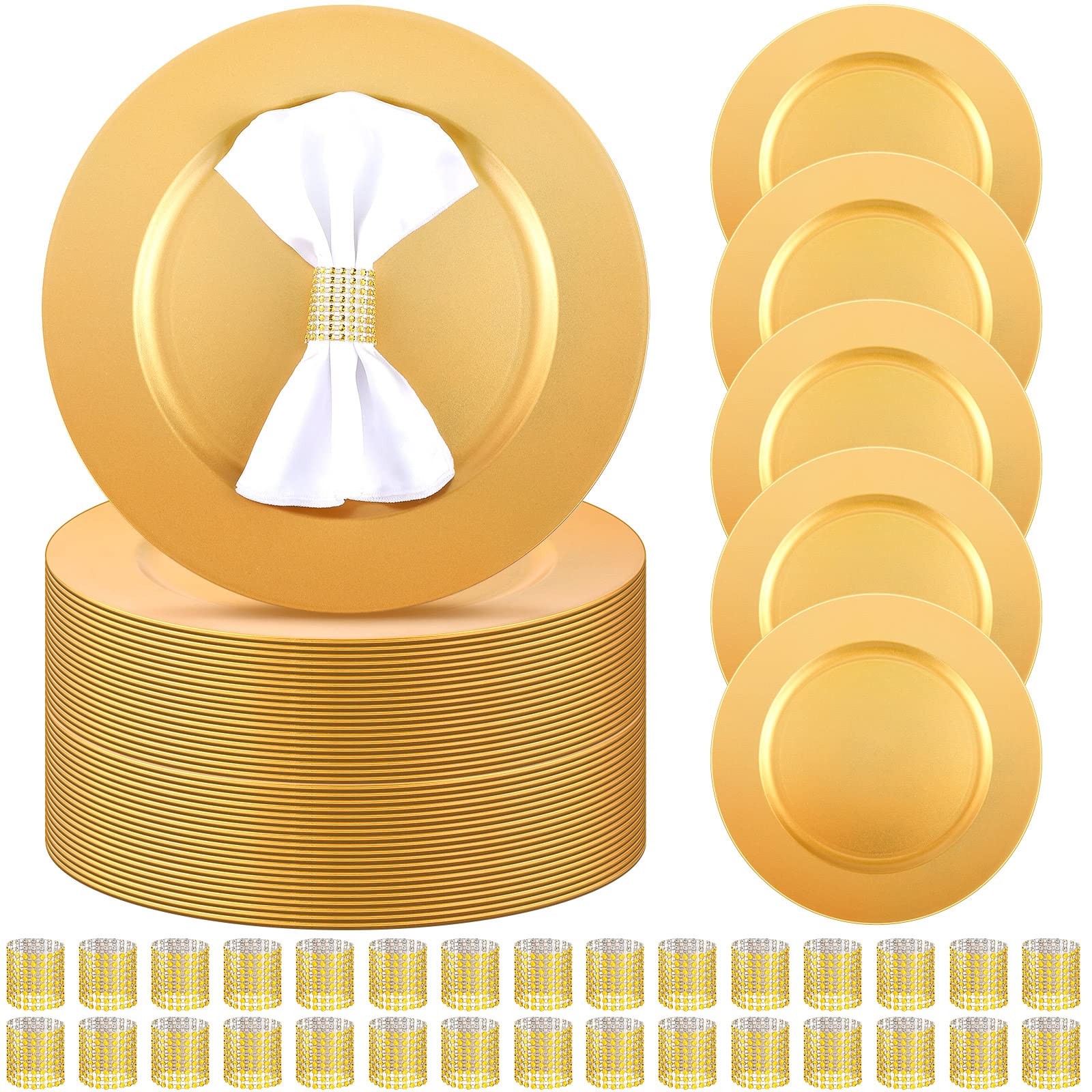 Charger Plates 100 Pcs Set 13 Round Gold Plastic Napkin Rings Tanlade Bulk Table gallery