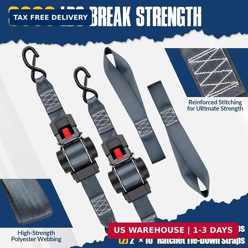 2 Pack Retractable Ratcheting Straps - 2 Inch x 10 Feet, 3,000lbs Break Strength gallery