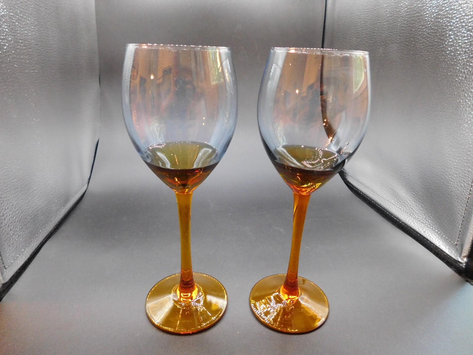 2 LONGSTEMMED GOBLETS, AMBER AND CLEAR. 9 1/4" TALL, 12 OUNCES gallery