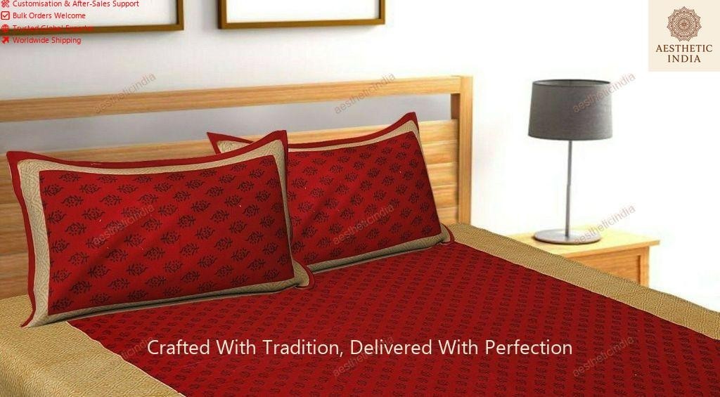 Double Bed Sheet With 2 Pillow Cover Screen Printed 4 Kaam Red Gad Buti Pure Cot gallery