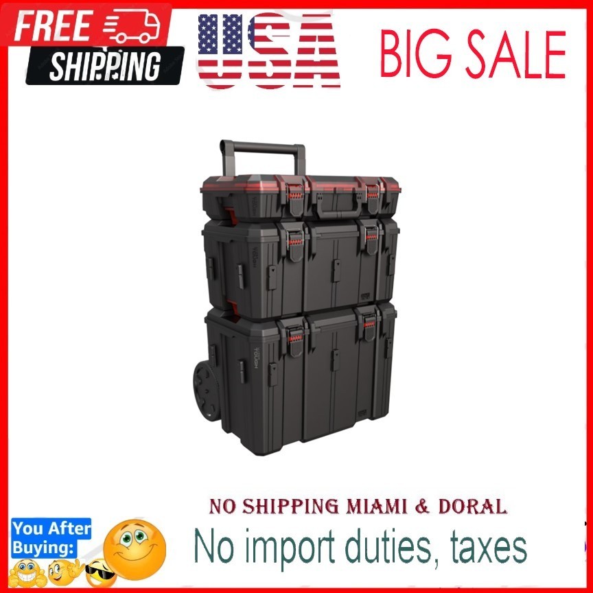 Hyper Tough Hyper Stack Heavy Duty 3 Piece Modular Rolling Toolbox System, Black