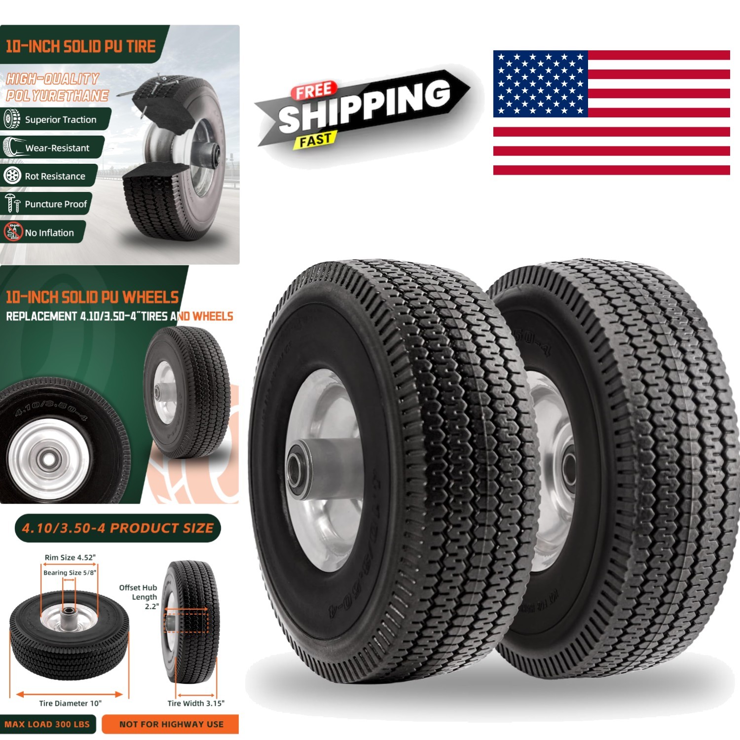 10 Inch Solid Polyurethane Tire Flat Free Wheel Set with 5/8 Inch Bearings gallery