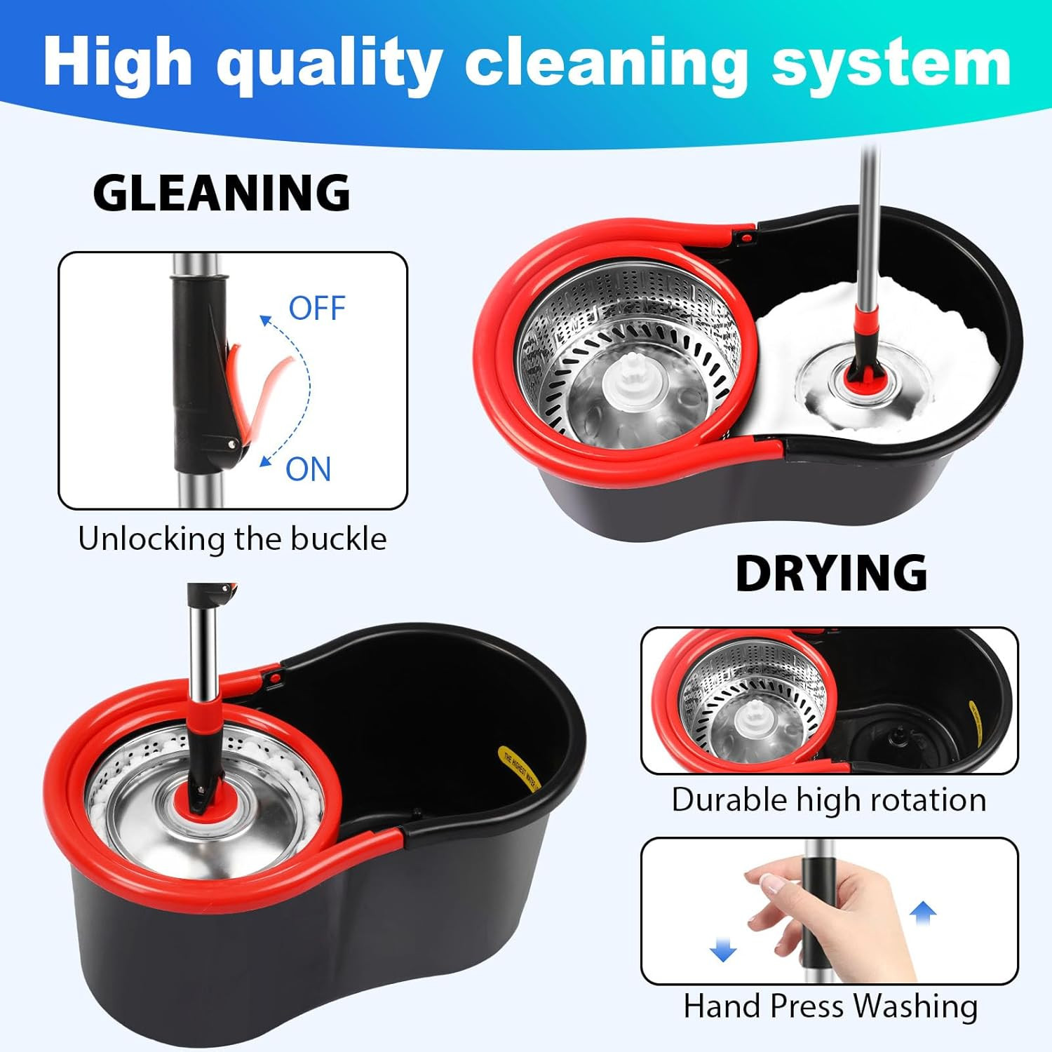 Spin Mop and Bucket Set 360 Rotating Head 3 Microfiber Pads Drain Plug gallery