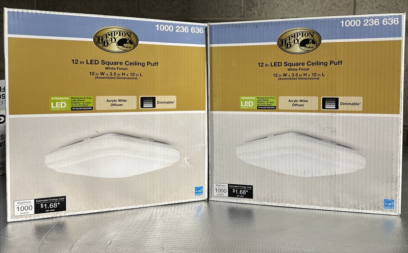 (2-Pk) Hampton Bay 12" Square LED Flush Mount Ceiling Light 4000K Bright White gallery