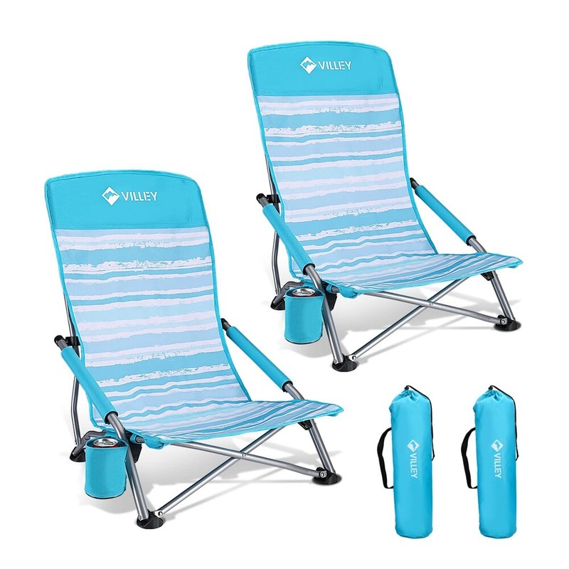 VILLEY 2-Pack High Back Folding Beach Chair Low Beach Chair Cup Holder Carry Bag gallery