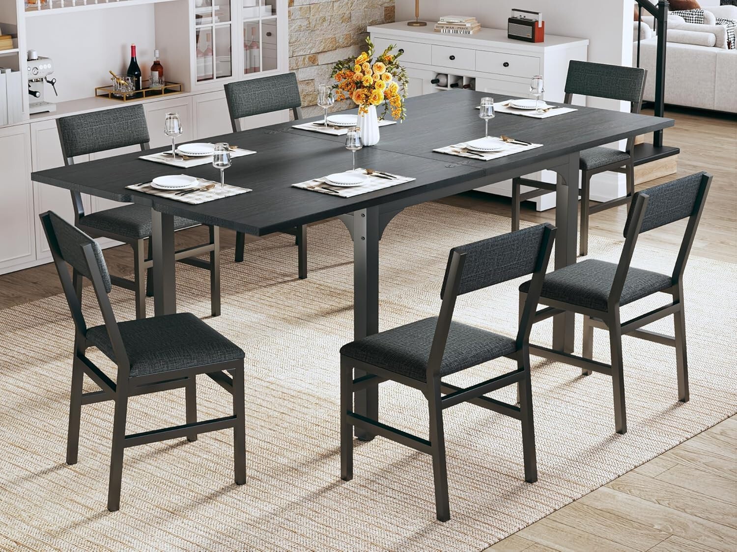 7-Piece Dining Table Set for 4-6, Extendable Kitchen Table Cushion Chairs Set of gallery