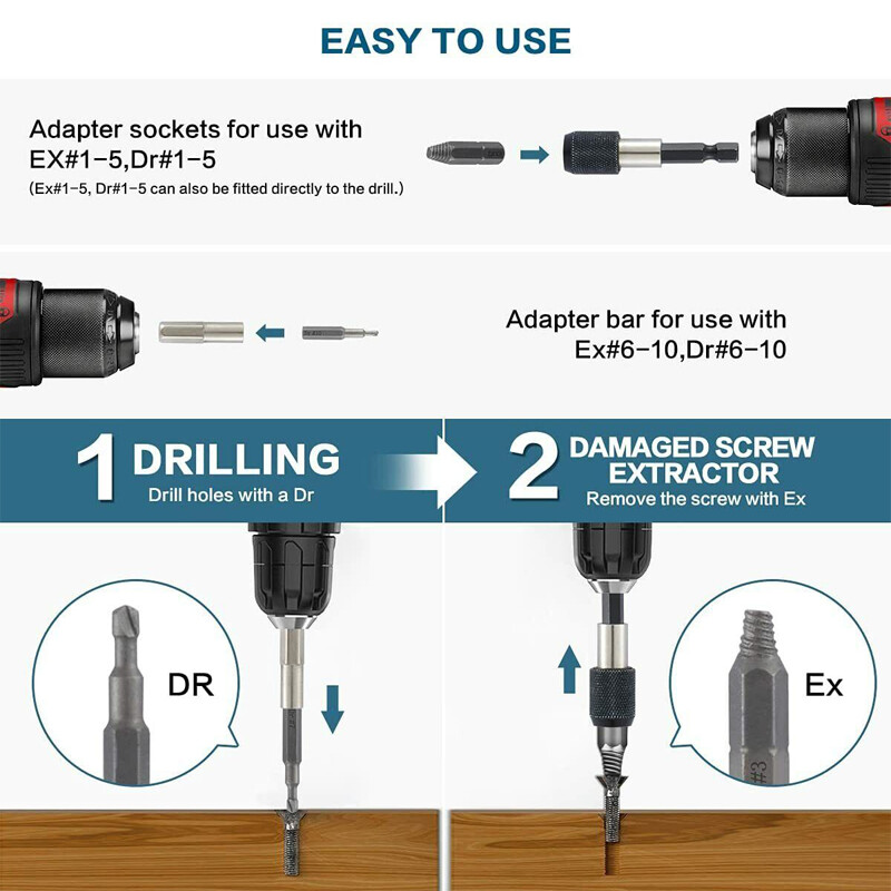 22* Broken Screw Extractor Remover Set Damaged Stripped Easy Out Drill Bits Bolt gallery