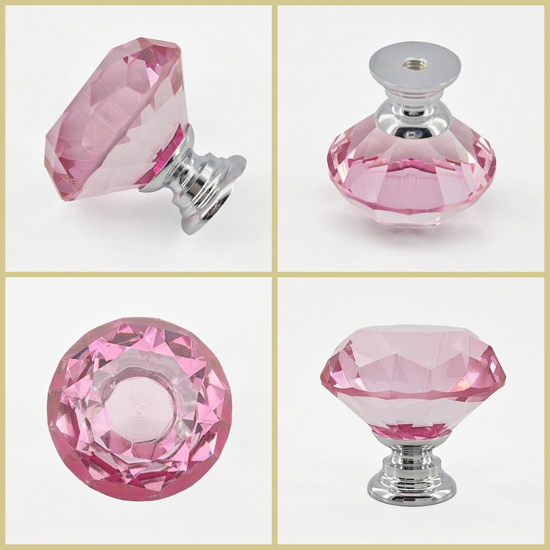 16 Pack Pink Crystal Cabinet Knobs 1.2" Diamond Glass, Girl Vanity Desk Handles, gallery