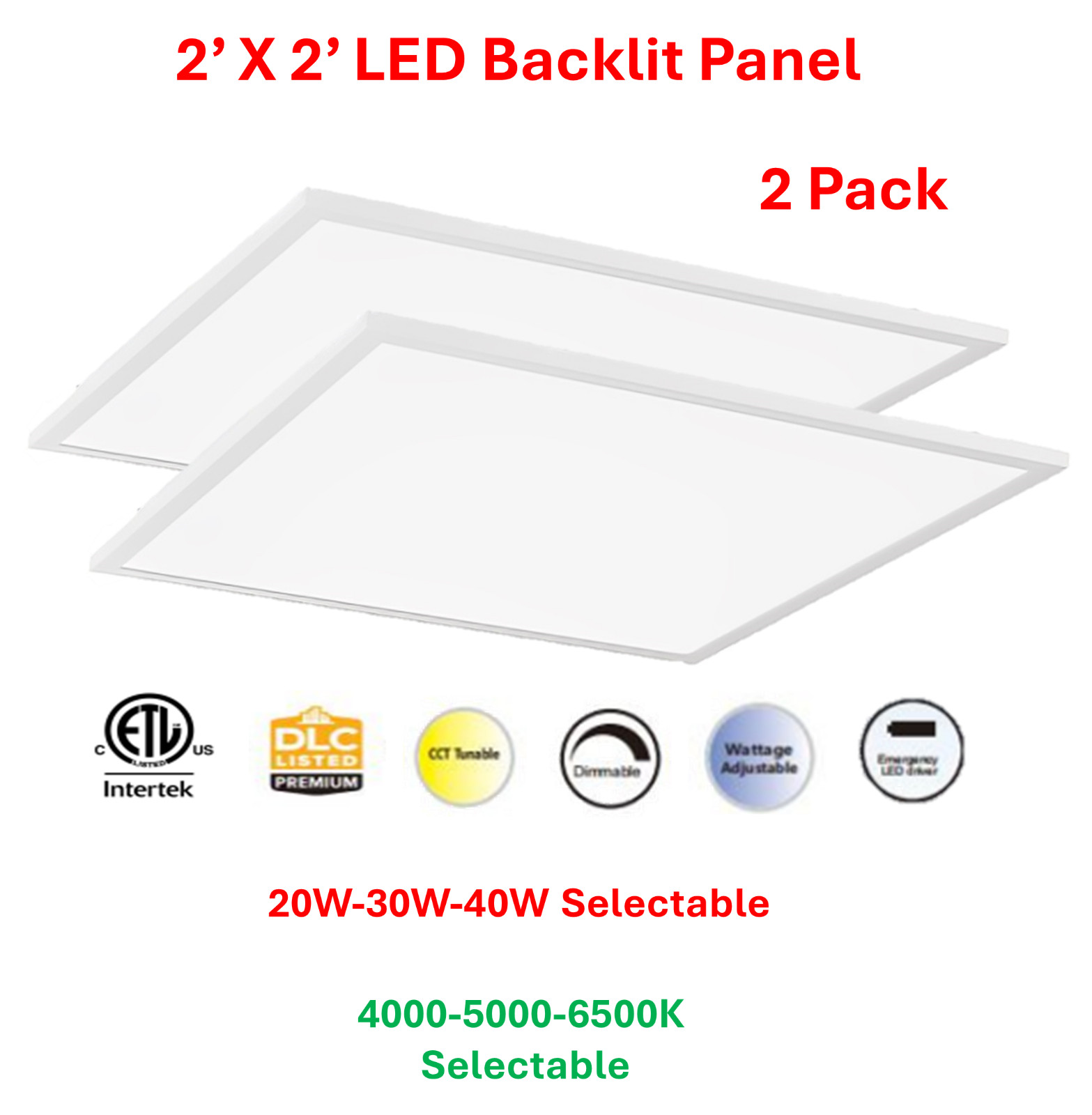 2 Pack 20W/30W/40W 2' x2' LED Panel Backlit 4000/5000/6500K 3LUMENs Adjustable gallery