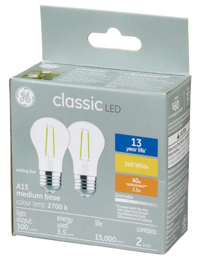 (2 bulbs) GE classic LED A15, 3.5 watt, 300 lumen 40 watt replacement, gallery