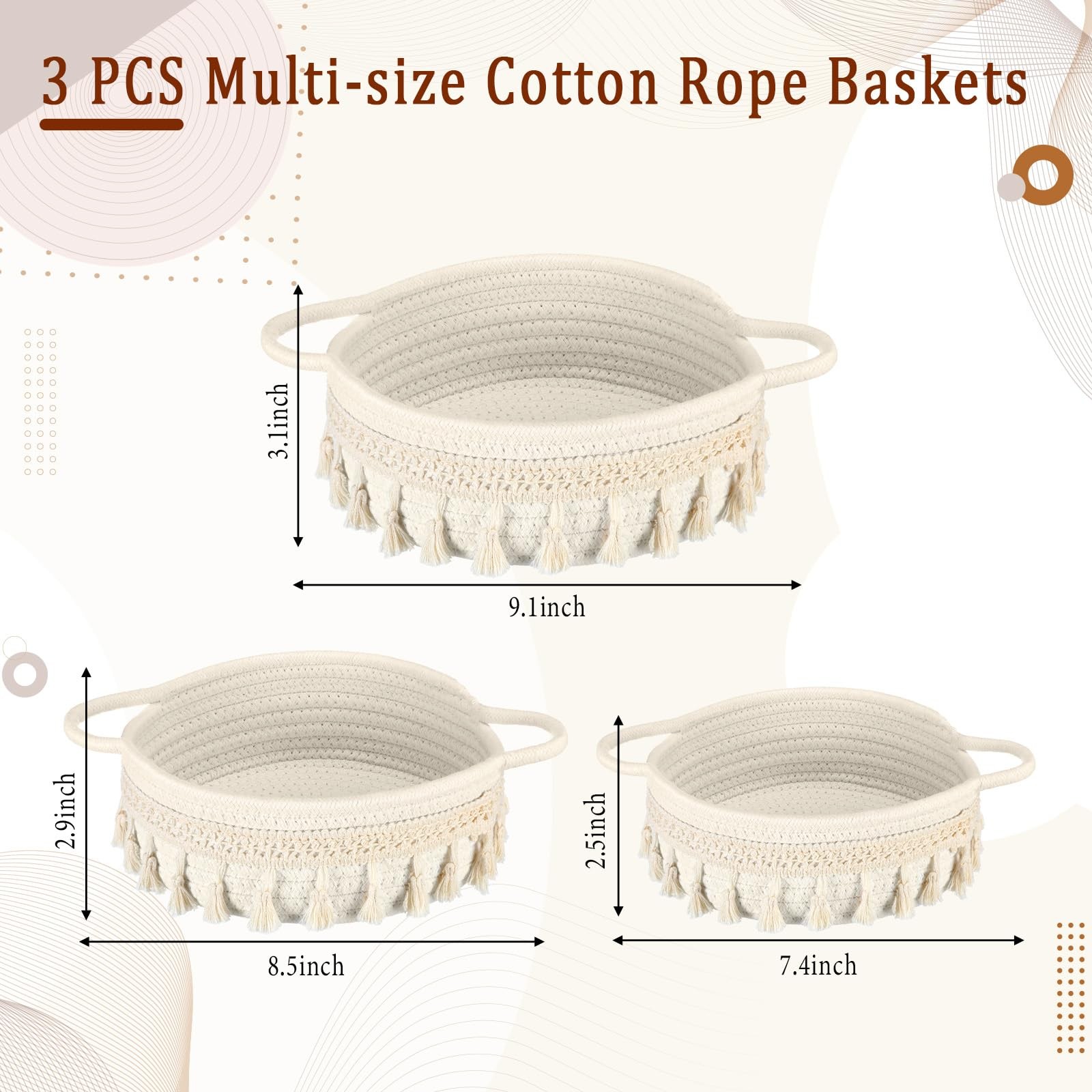 3 Pcs Round Hand Woven Storage Basket with Handle Multi-size Cotton Rope Smal... gallery