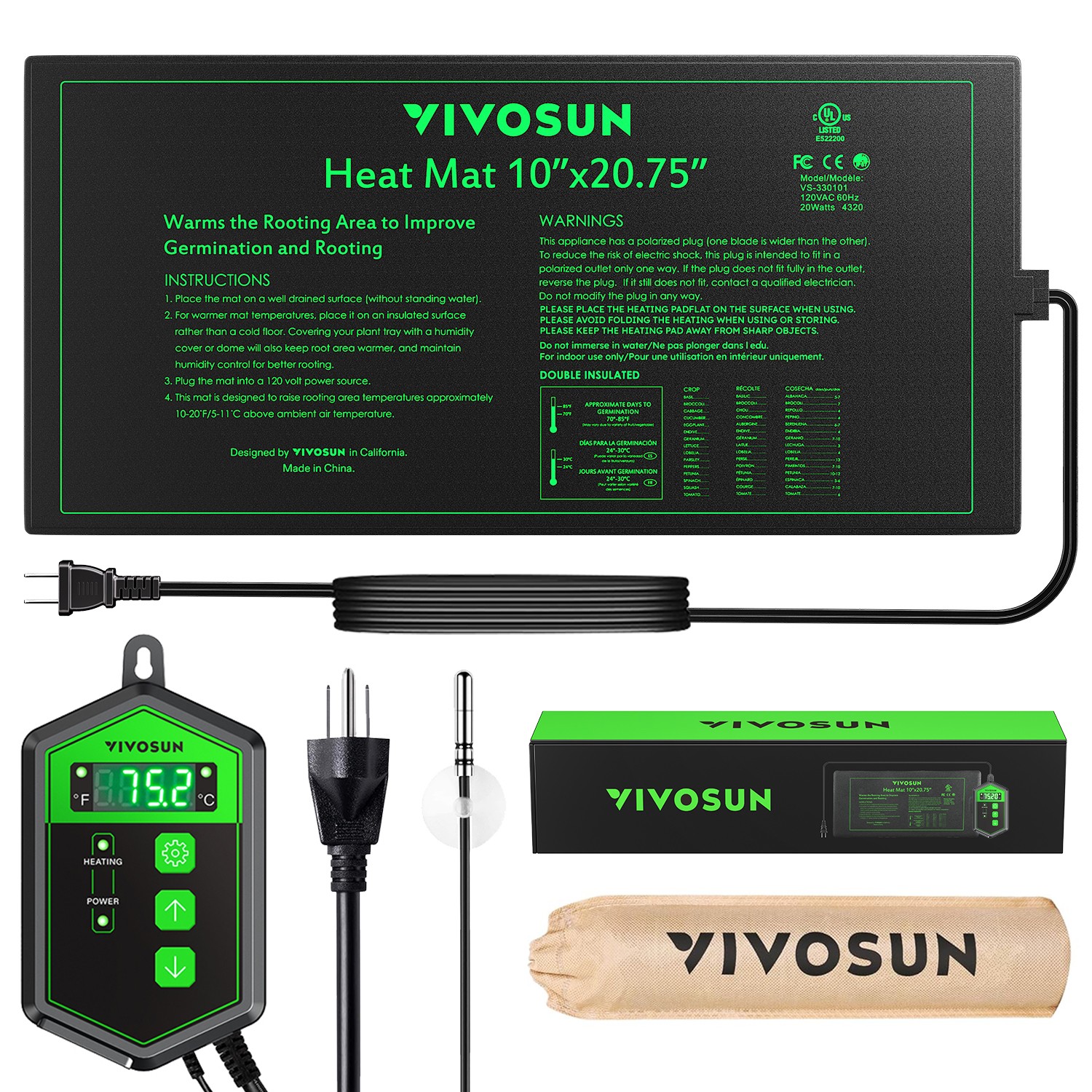 VIVOSUN 10"x20.75" Seedling Heat Mat Combo Digital Thermostat Seed Starter Pad gallery
